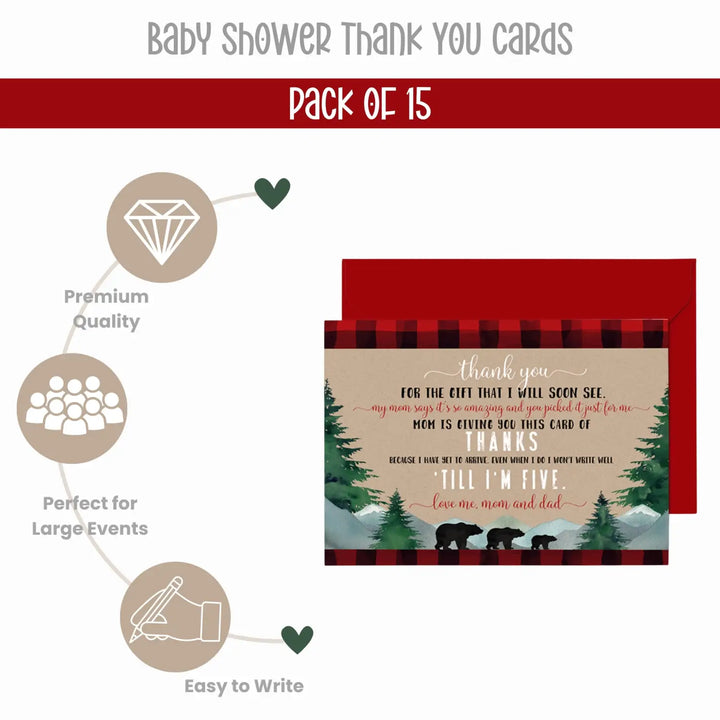 Lumberjack Boys Baby Shower Thank You Cards - Rustic (15 Pack) with Red Envelopes, 4x6 - Paper Clever Party