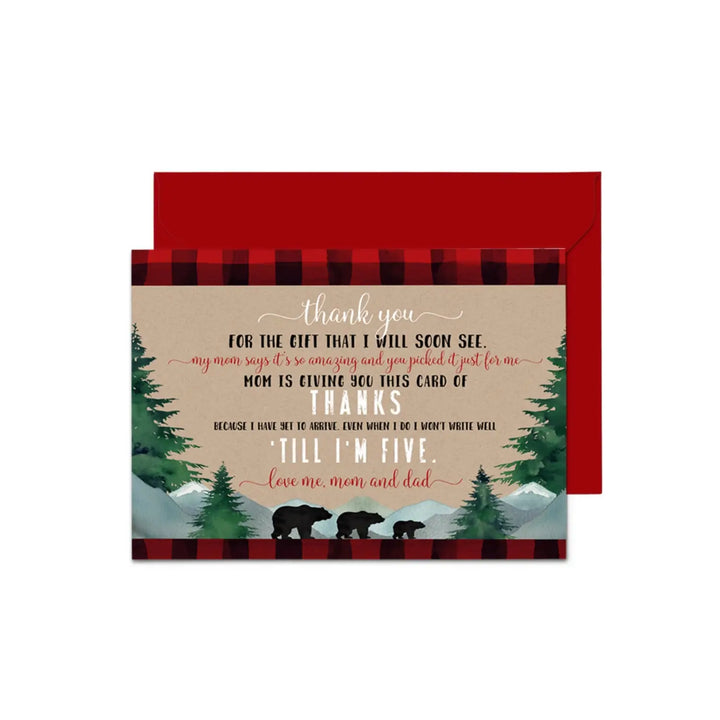 Lumberjack Boys Baby Shower Thank You Cards - Rustic (15 Pack) with Red Envelopes, 4x6 - Paper Clever Party