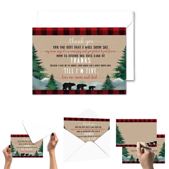 Lumberjack Boys Thank You Cards for Baby Shower – Notecards with Envelopes (Pack of 25) - Paper Clever Party