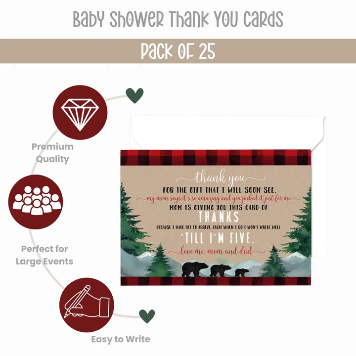 Lumberjack Boys Thank You Cards for Baby Shower – Notecards with Envelopes (Pack of 25) - Paper Clever Party