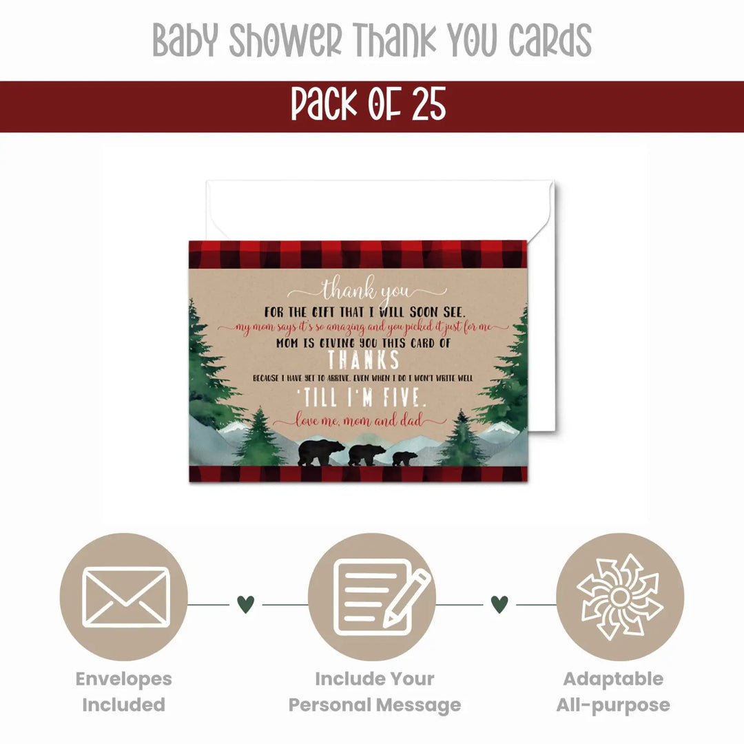 Lumberjack Boys Thank You Cards for Baby Shower – Notecards with Envelopes (Pack of 25) - Paper Clever Party