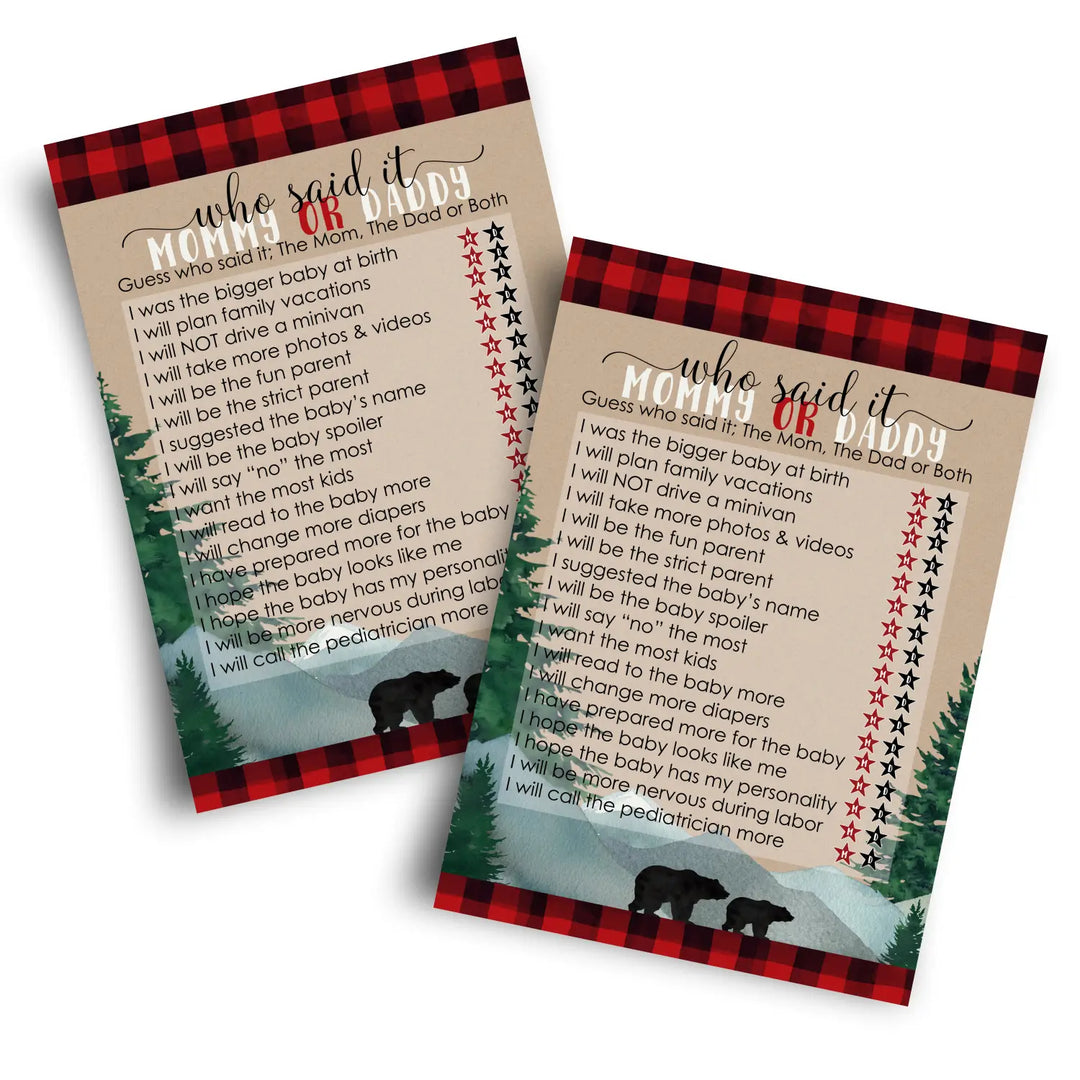 Lumberjack mommy or daddy baby shower game - 25 pack guess who activity cards plaid red and black bear themed favors