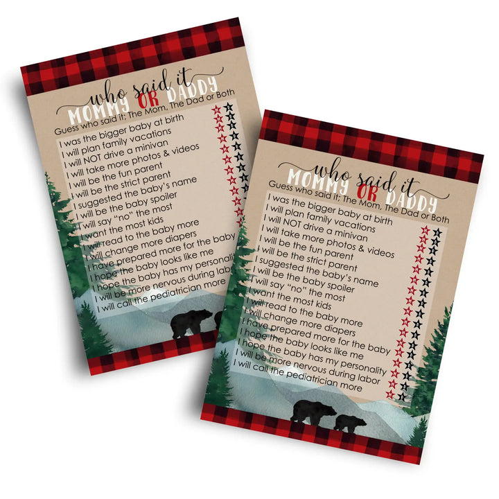 Lumberjack mommy or daddy baby shower game - 25 pack guess who activity cards plaid red and black bear themed favors