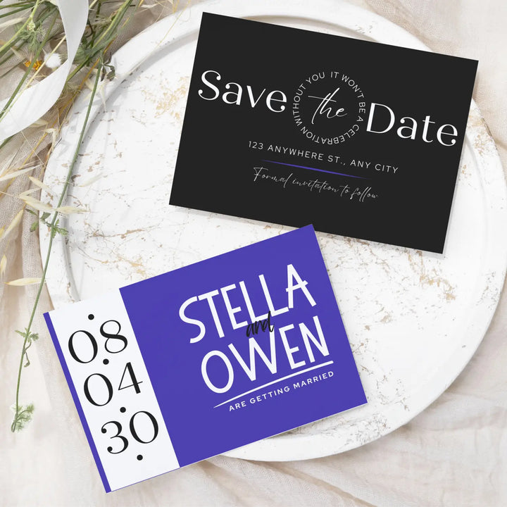 Custom Lilac and Black Save the Date Cards - Personalized 4x6 Inch Invitations with Elegant Typography and White Envelopes - Perfect for Weddings, Birthdays, and Showers