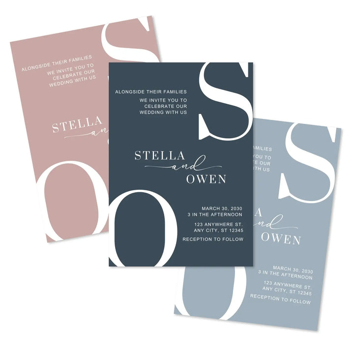 Luxury modern wedding invitations: personalized initials minimalist design 5x7 navy rose collection - invitations