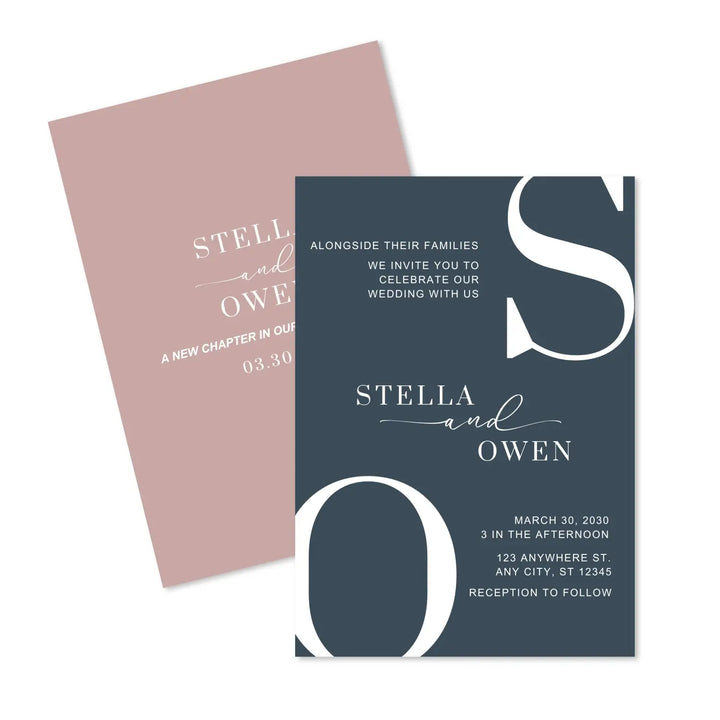 Luxury modern wedding invitations: personalized initials minimalist design 5x7 navy rose collection - invitations