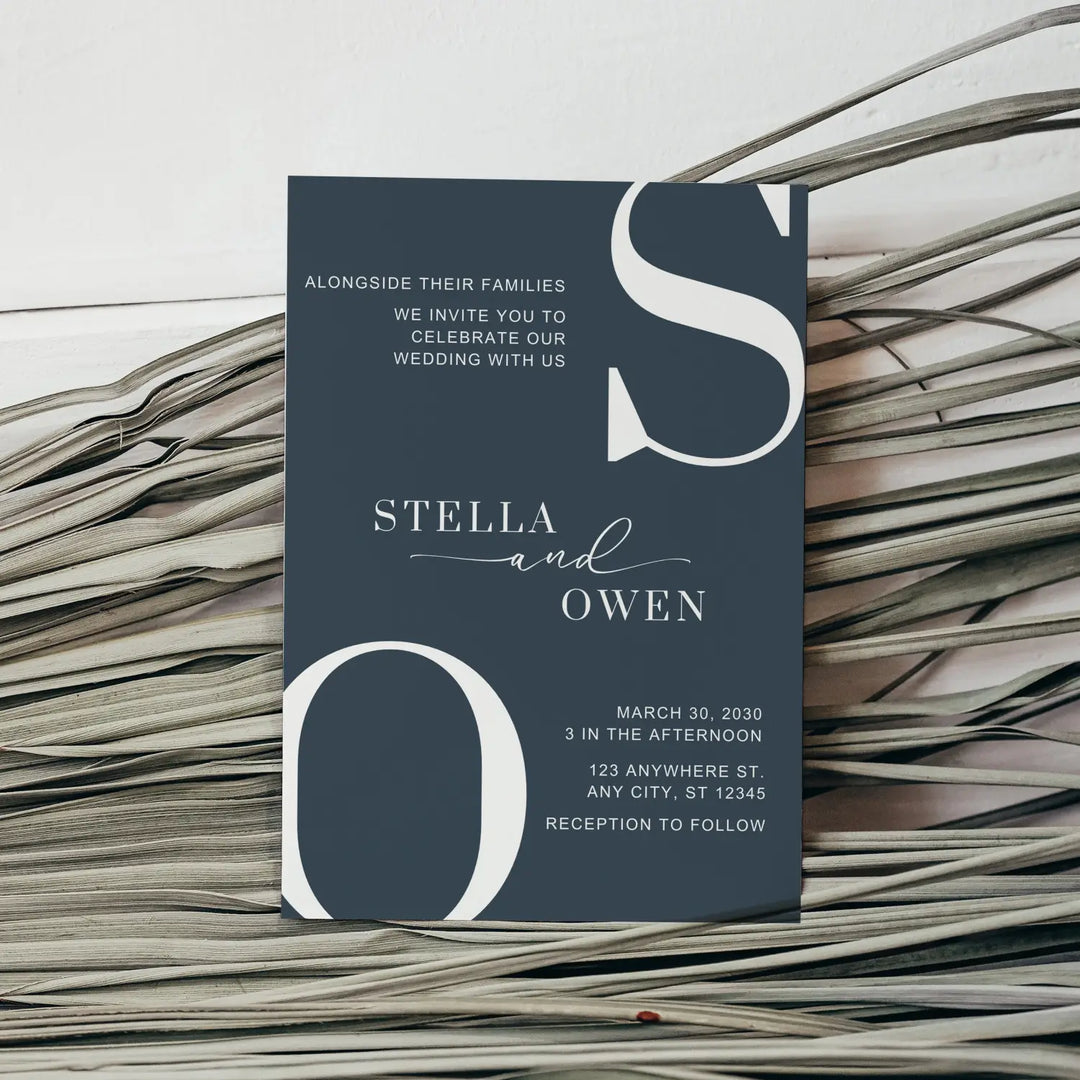 Luxury modern wedding invitations: personalized initials minimalist design 5x7 navy rose collection - invitations