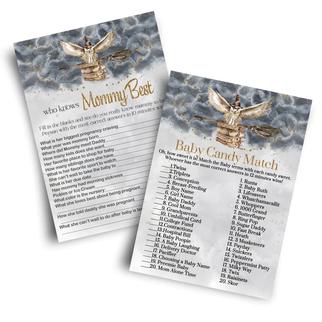 Magic owl baby shower game set black & gold wizard theme candy bar and mommy best - party games