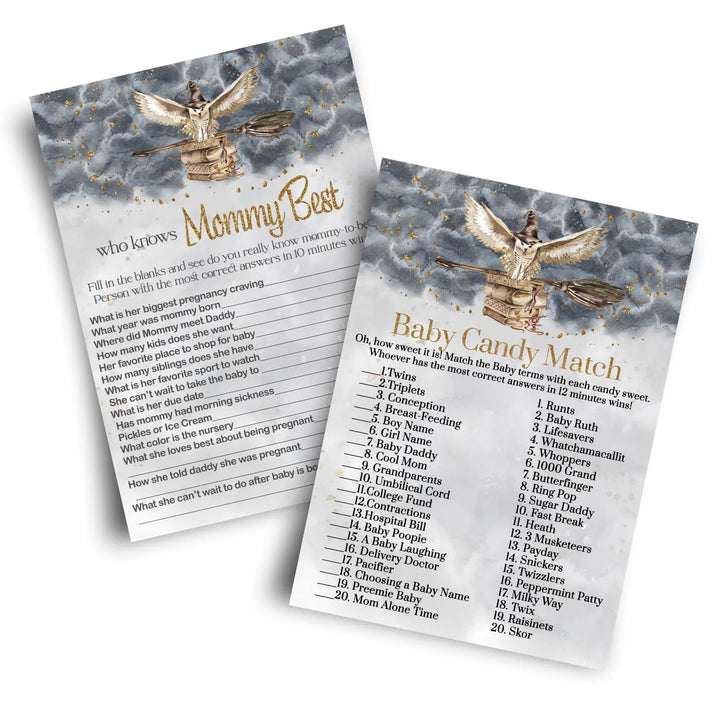 Magic owl baby shower game set black & gold wizard theme candy bar and mommy best - party games