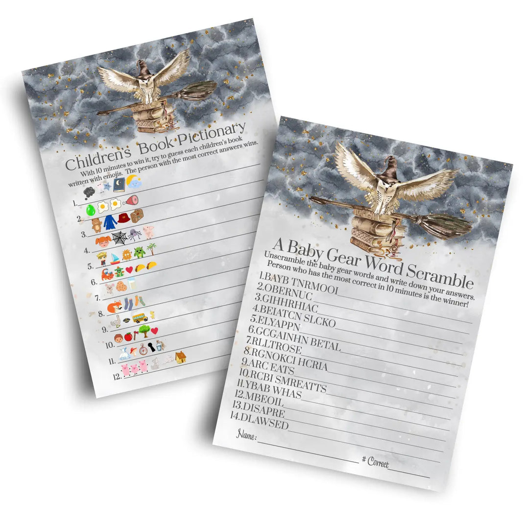 Magic owl baby shower game set wizard black & gold aby with word scramble and emoticon guessing - party games