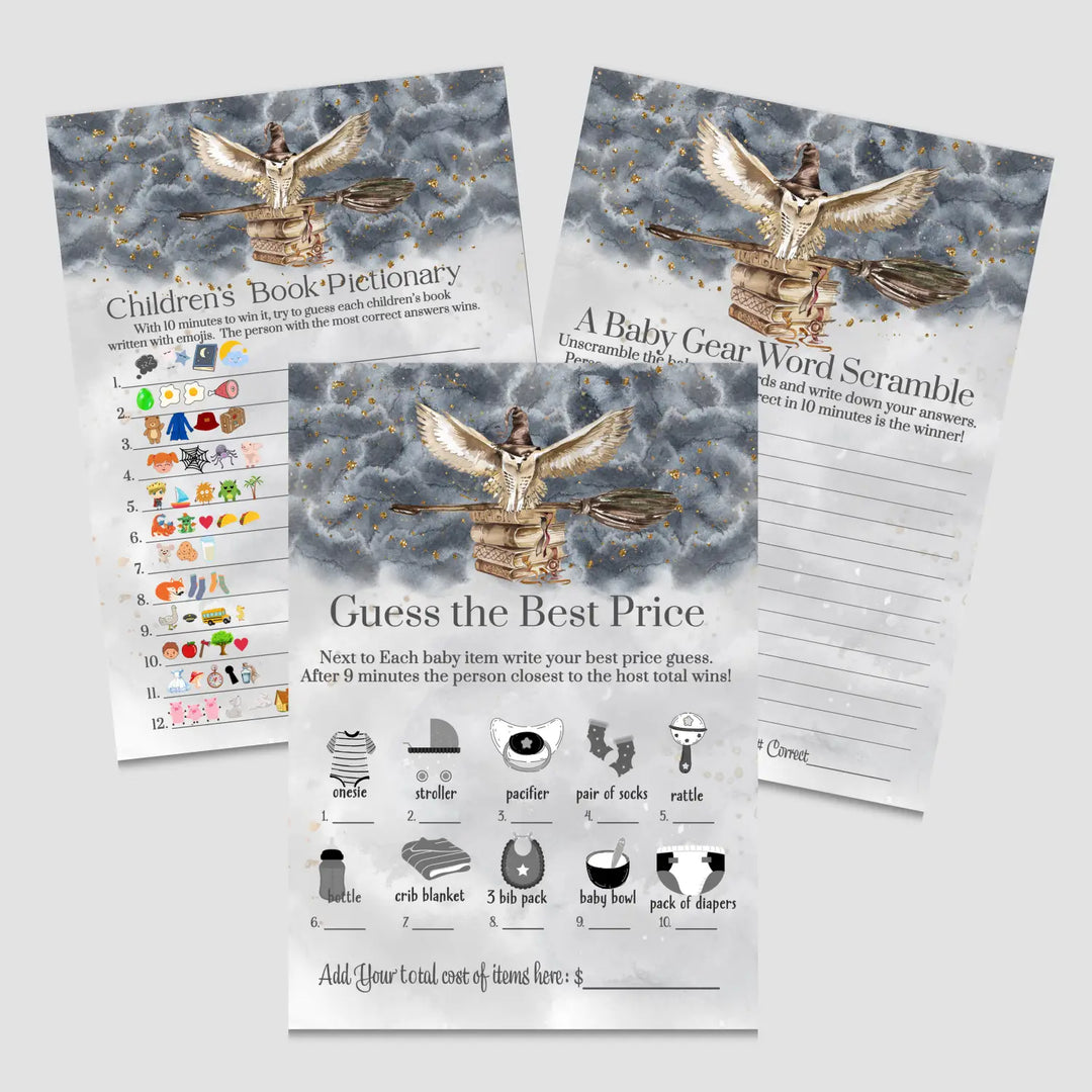 Magic owl baby shower games bundle – halloween instant download printable activities coed fun digital game diy party