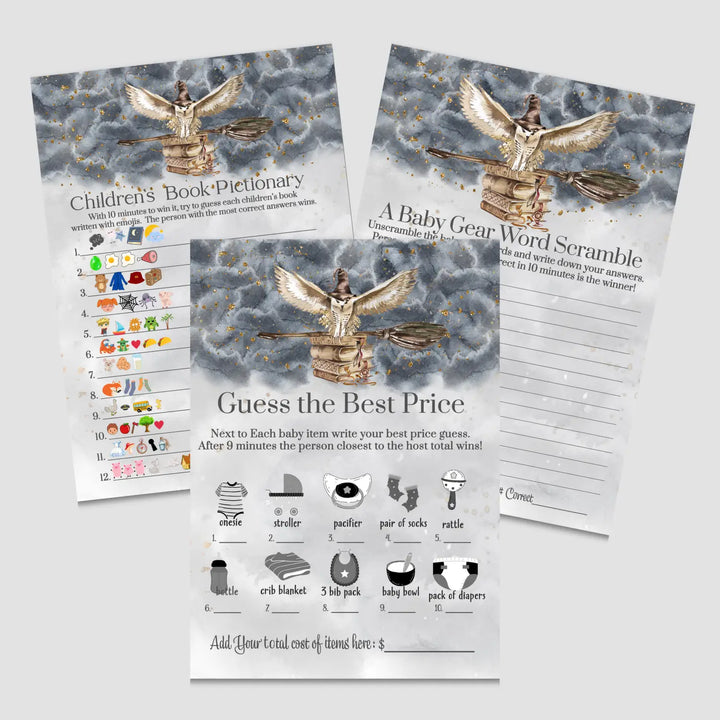 Magic owl baby shower games bundle – halloween instant download printable activities coed fun digital game diy party