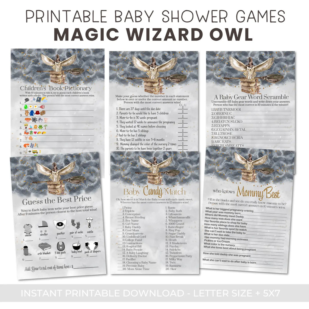 Magic owl baby shower games bundle – halloween instant download printable activities coed fun digital game diy party