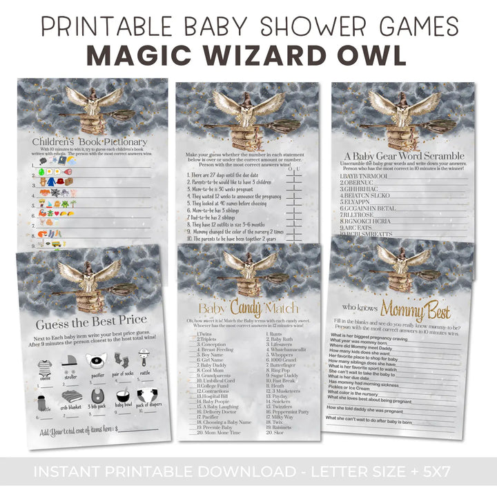 Magic owl baby shower games bundle – halloween instant download printable activities coed fun digital game diy party