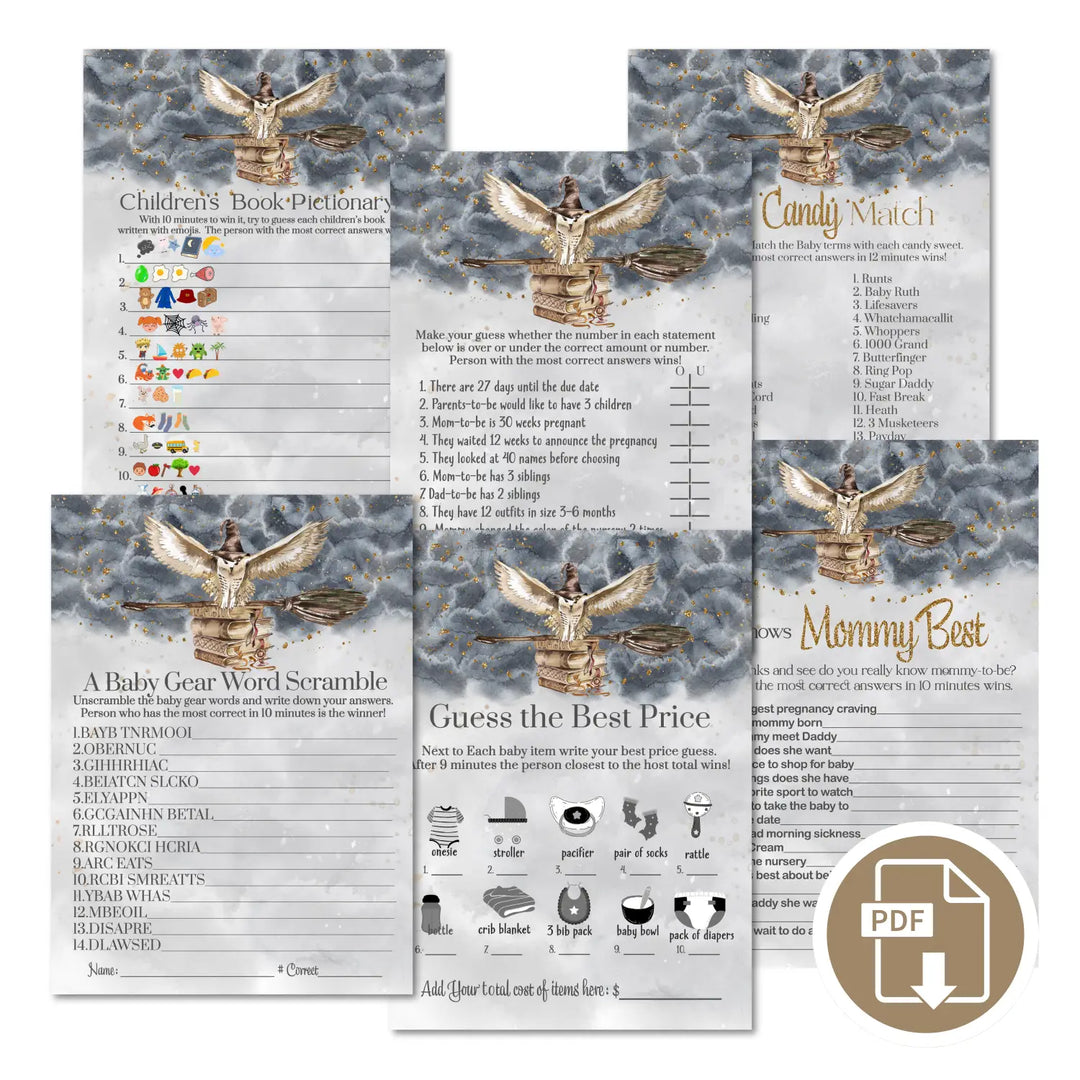 Magic owl baby shower games bundle – halloween instant download printable activities coed fun digital game diy party