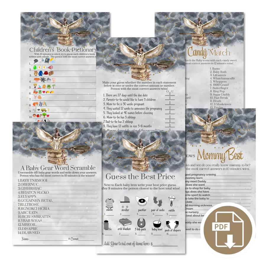 Magic owl baby shower games bundle – halloween instant download printable activities coed fun digital game diy party