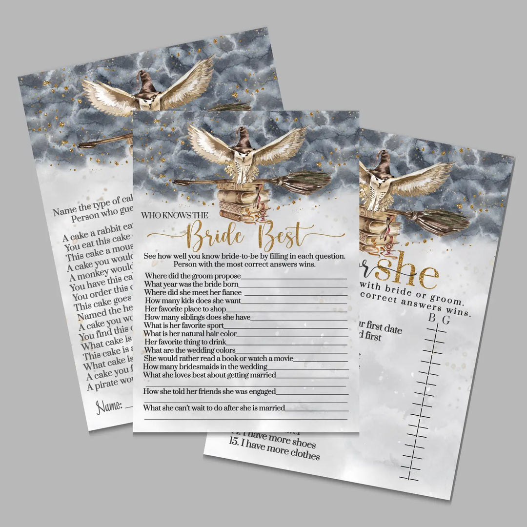Magic owl bridal shower game instant download fun black and gold halloween printable wedding activities pdf - party