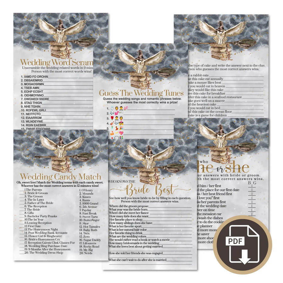 Magic owl bridal shower game instant download fun black and gold halloween printable wedding activities pdf - party