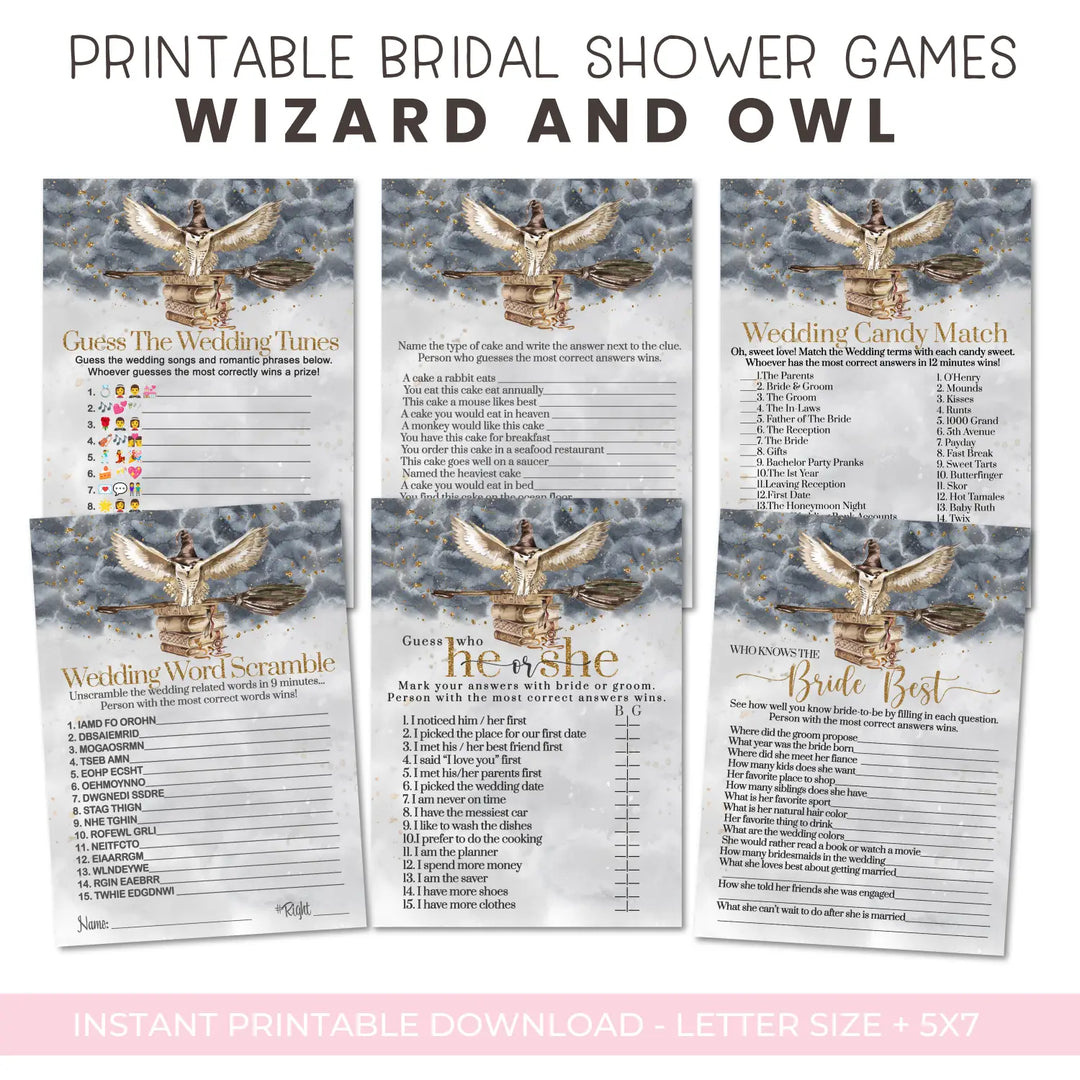 Magic owl bridal shower game instant download fun black and gold halloween printable wedding activities pdf - party
