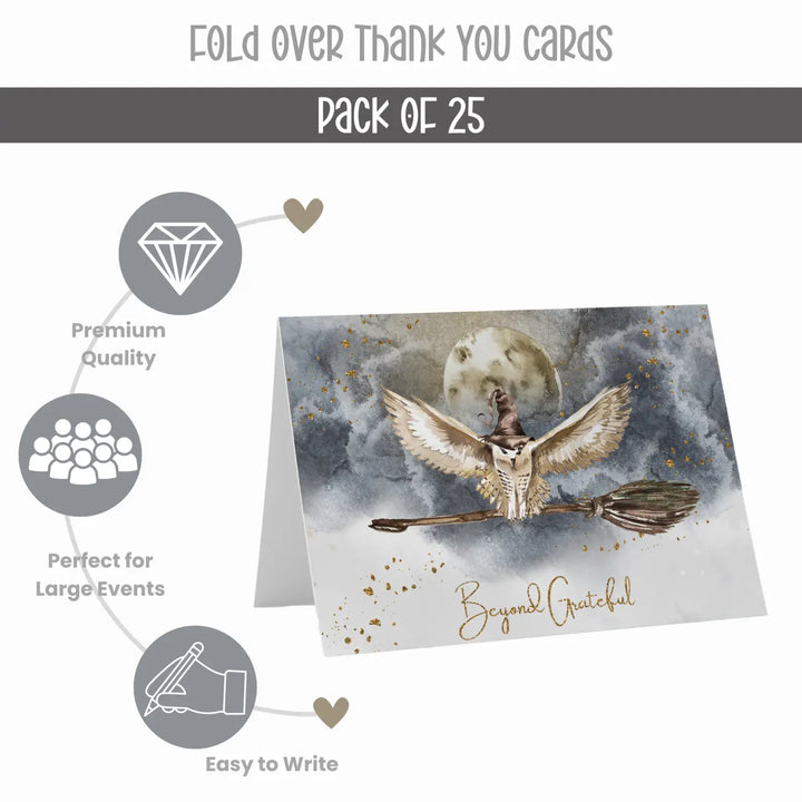 Magic Owl Thank You Cards - Enchanting 25-Pack Notecards Set with Envelopes for Special Events - Paper Clever Party