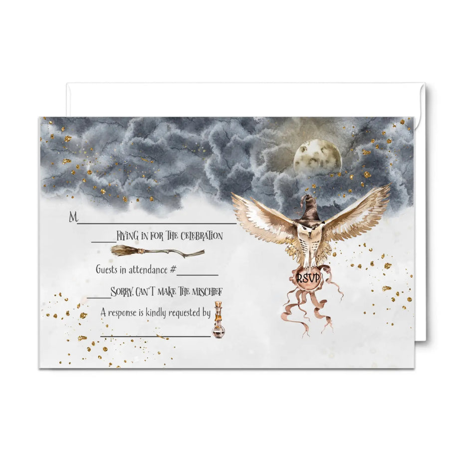 Magical Black Gold Owl RSVP Cards - Enchanted Wedding Response Set, 3.5x5, Envelopes Included, 25 Pack - Paper Clever Party