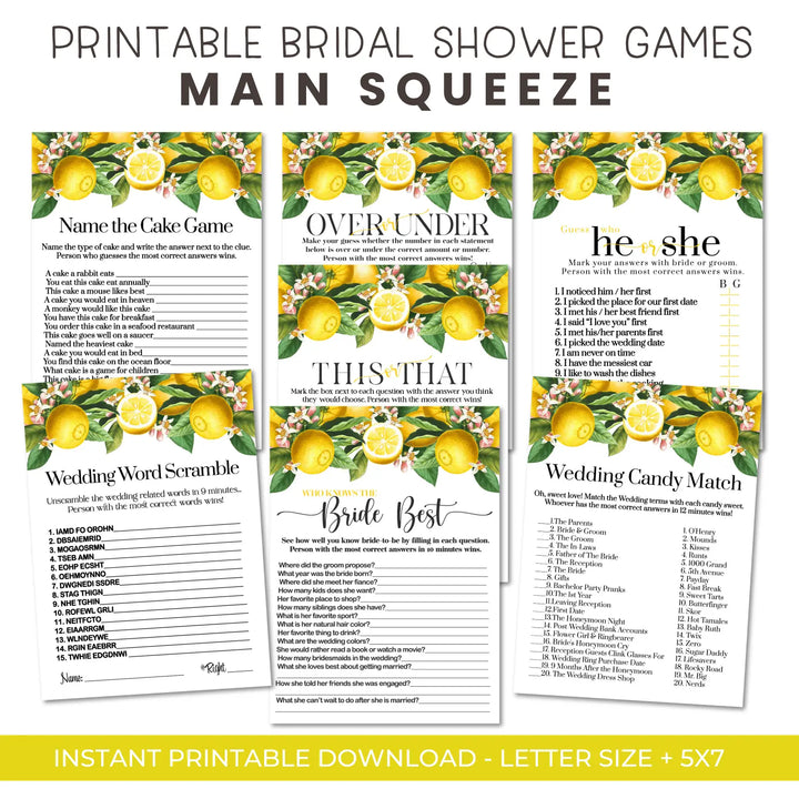 Main squeeze bridal shower game instant download fun lemon and greenery printable wedding activities pdf - party games