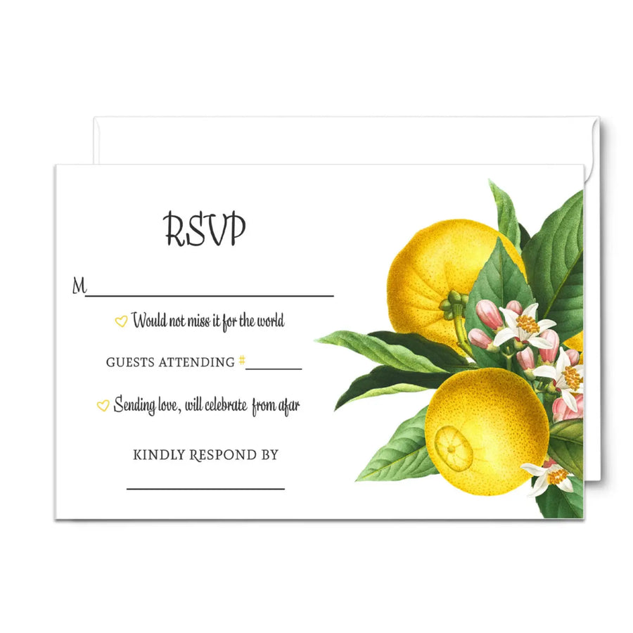 Main Squeeze Lemon Greenery RSVP Cards - Citrus Wedding Response Set, 3.5x5, Envelopes Included, 25 Pack - Paper Clever Party