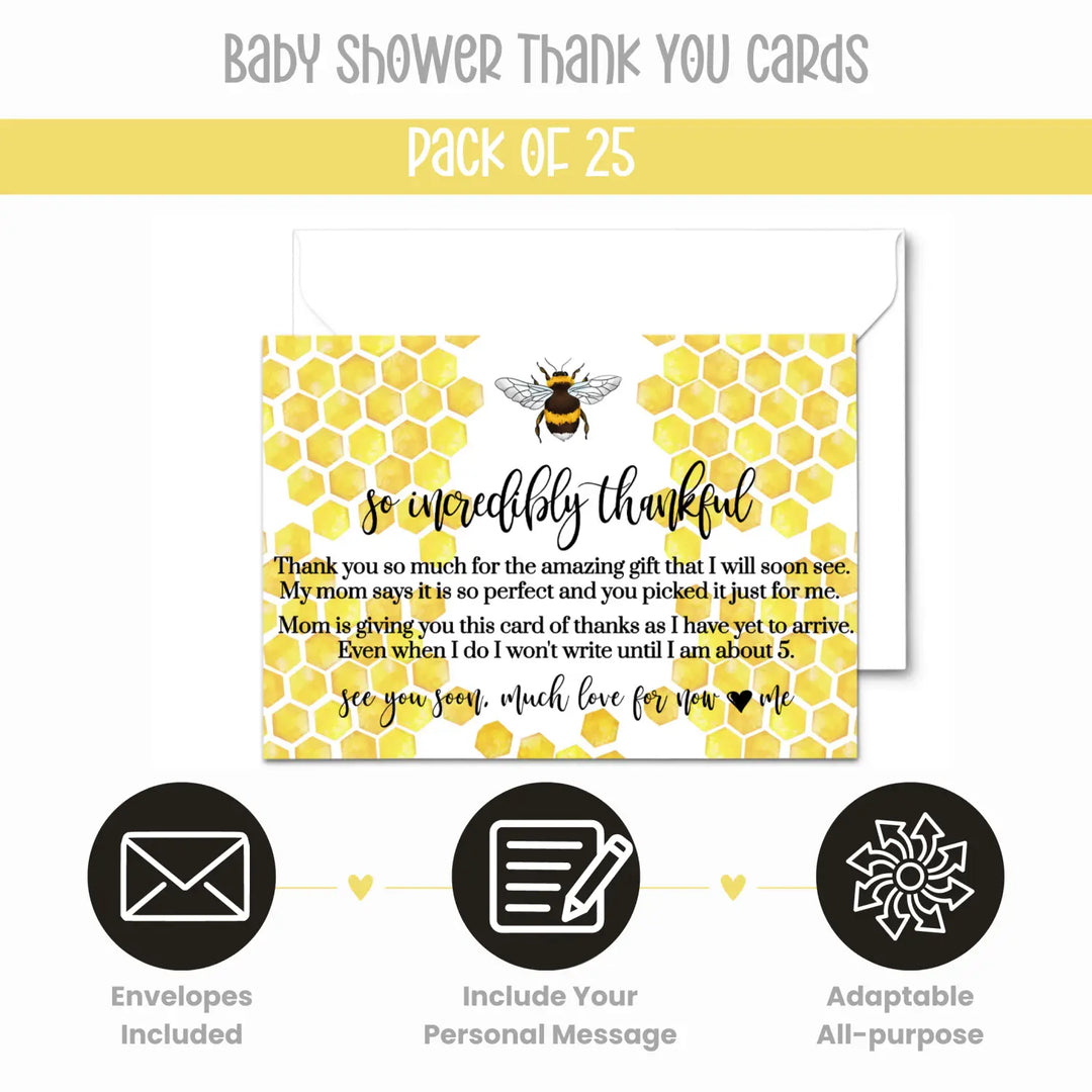 Mama Bee Baby Shower Thank You Cards – Bumblebee Notecards with Envelopes (Pack of 25) - Paper Clever Party