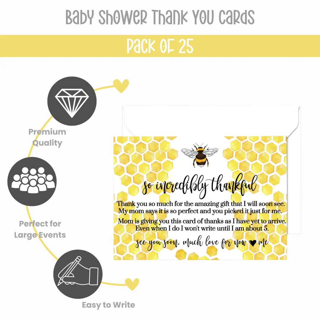 Mama Bee Baby Shower Thank You Cards – Bumblebee Notecards with Envelopes (Pack of 25) - Paper Clever Party