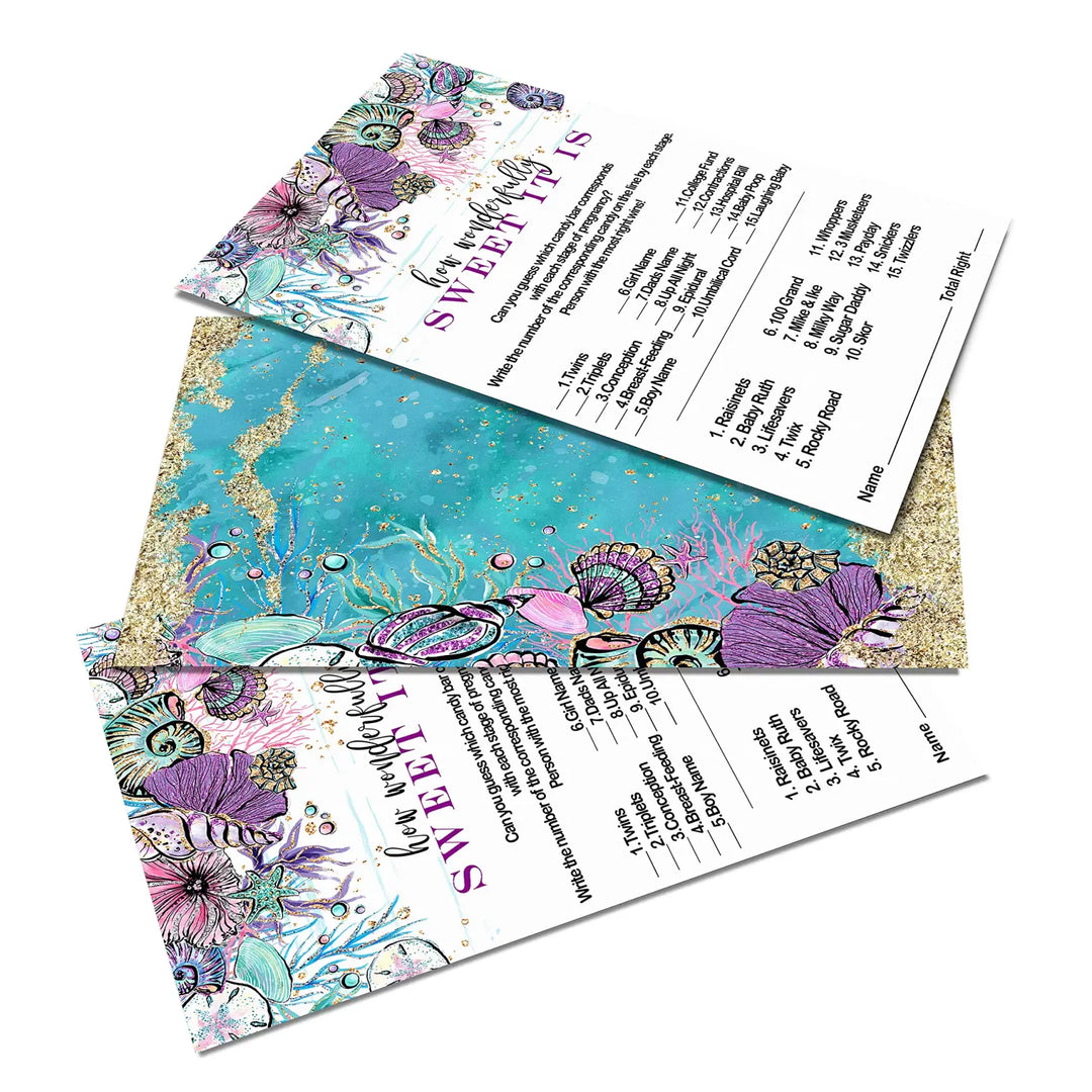 Mermaid Baby Shower Candy Guessing Game - 25 Enchanting Seashell Cards in Purple & Teal - Paper Clever Party