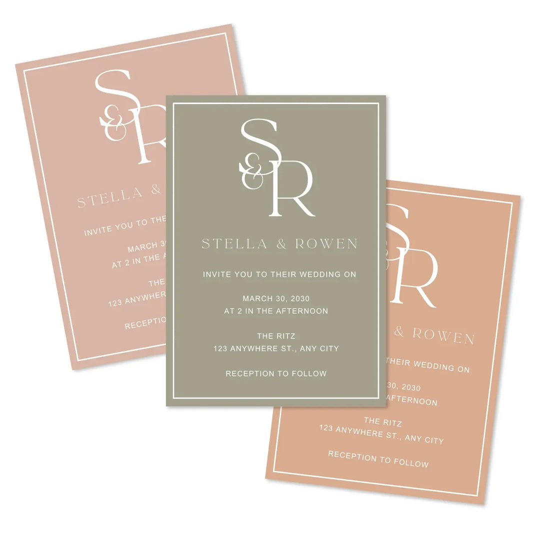 Minimalist wedding invitations - modern simple initials - custom printed cards - sunset canyon theme