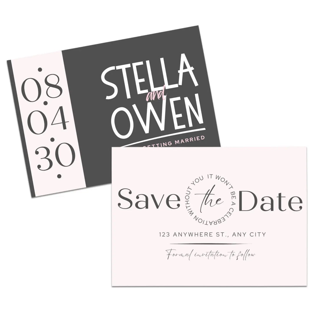 Custom Blush and Slate Gray Save the Date Cards - Personalized 4x6 Inch Invitations with Elegant Typography and White Envelopes - Perfect for Weddings, Birthdays, and Showers