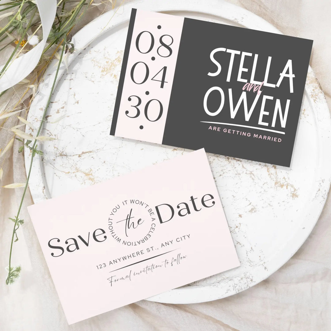 Custom Blush and Slate Gray Save the Date Cards - Personalized 4x6 Inch Invitations with Elegant Typography and White Envelopes - Perfect for Weddings, Birthdays, and Showers