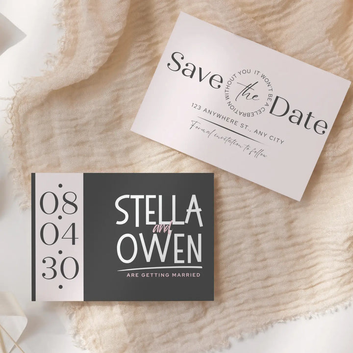 Custom Blush and Slate Gray Save the Date Cards - Personalized 4x6 Inch Invitations with Elegant Typography and White Envelopes - Perfect for Weddings, Birthdays, and Showers