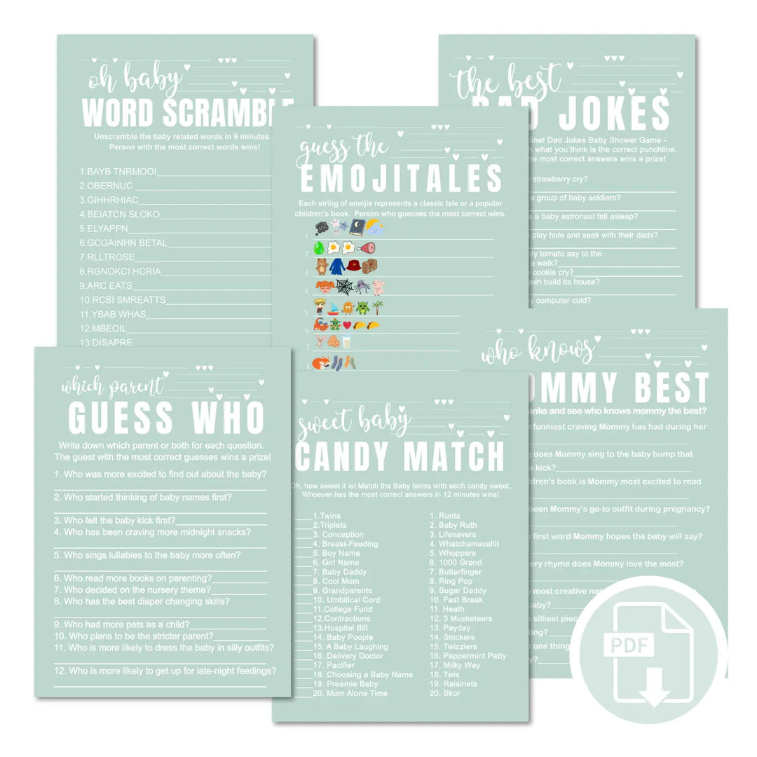 Minty sage baby shower games instant download gender neutral printable activities coed diy party bundle kit