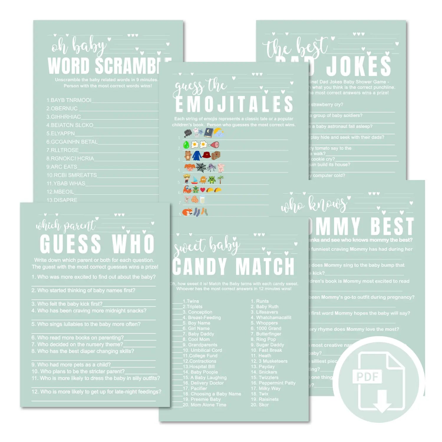 Minty sage baby shower games instant download gender neutral printable activities coed diy party bundle kit
