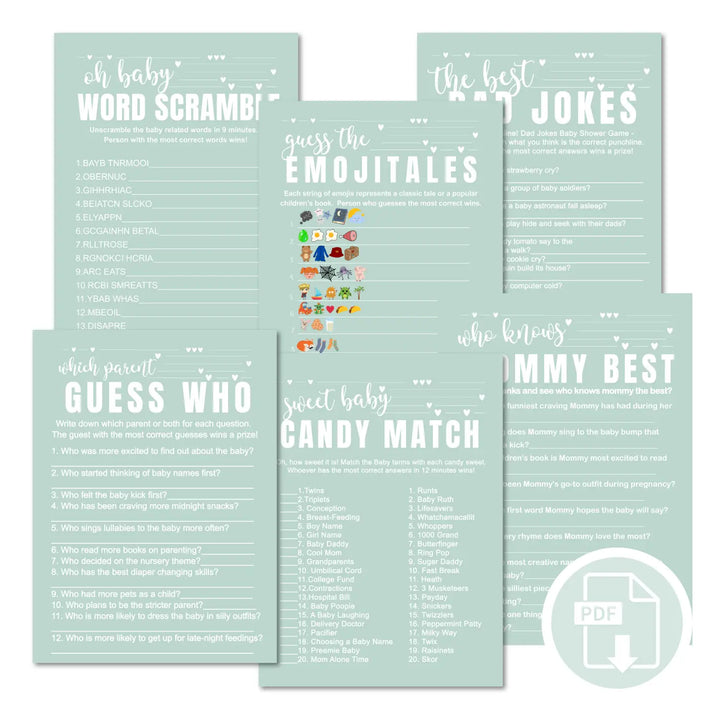 Minty sage baby shower games instant download gender neutral printable activities coed diy party bundle kit