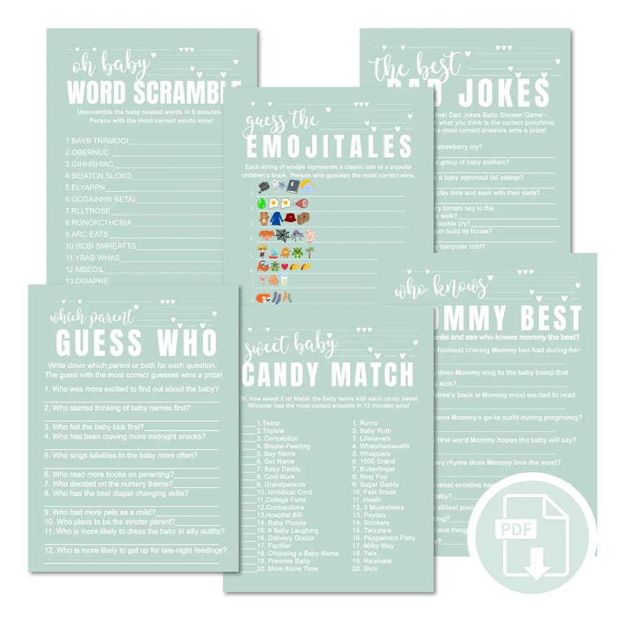 Minty sage baby shower games instant download gender neutral printable activities coed diy party bundle kit