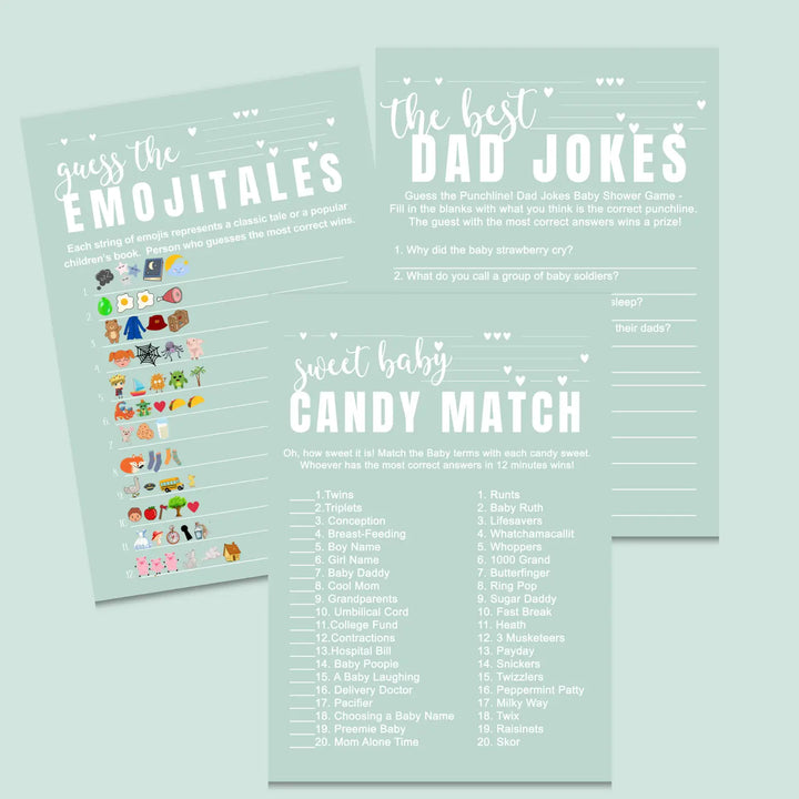 Minty sage baby shower games instant download gender neutral printable activities coed diy party bundle kit