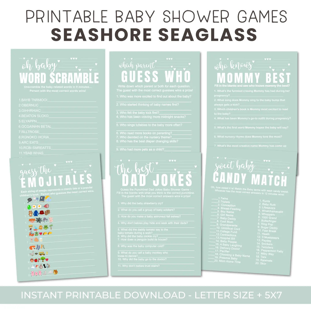 Minty sage baby shower games instant download gender neutral printable activities coed diy party bundle kit