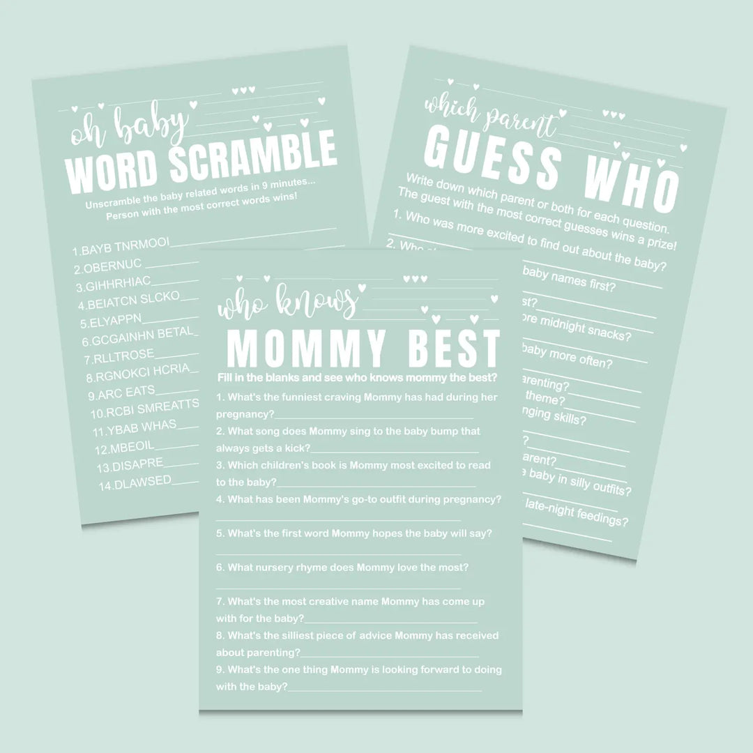 Minty sage baby shower games instant download gender neutral printable activities coed diy party bundle kit
