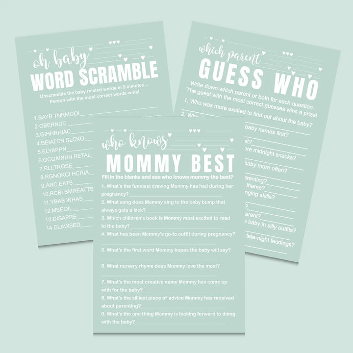 Minty sage baby shower games instant download gender neutral printable activities coed diy party bundle kit