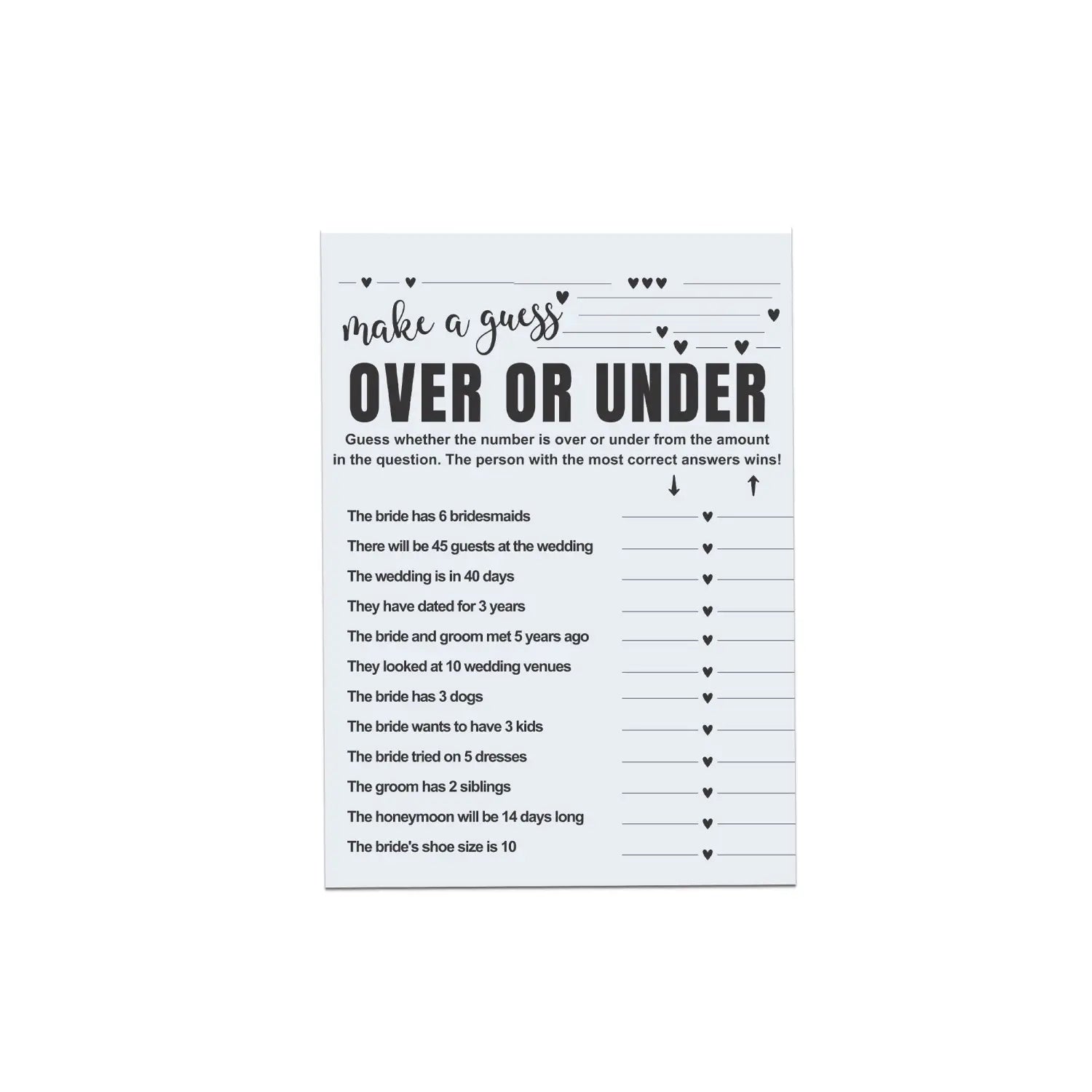 Modern blue bridal shower game | printable over or under quiz | fun & minimalist pdf - party games
