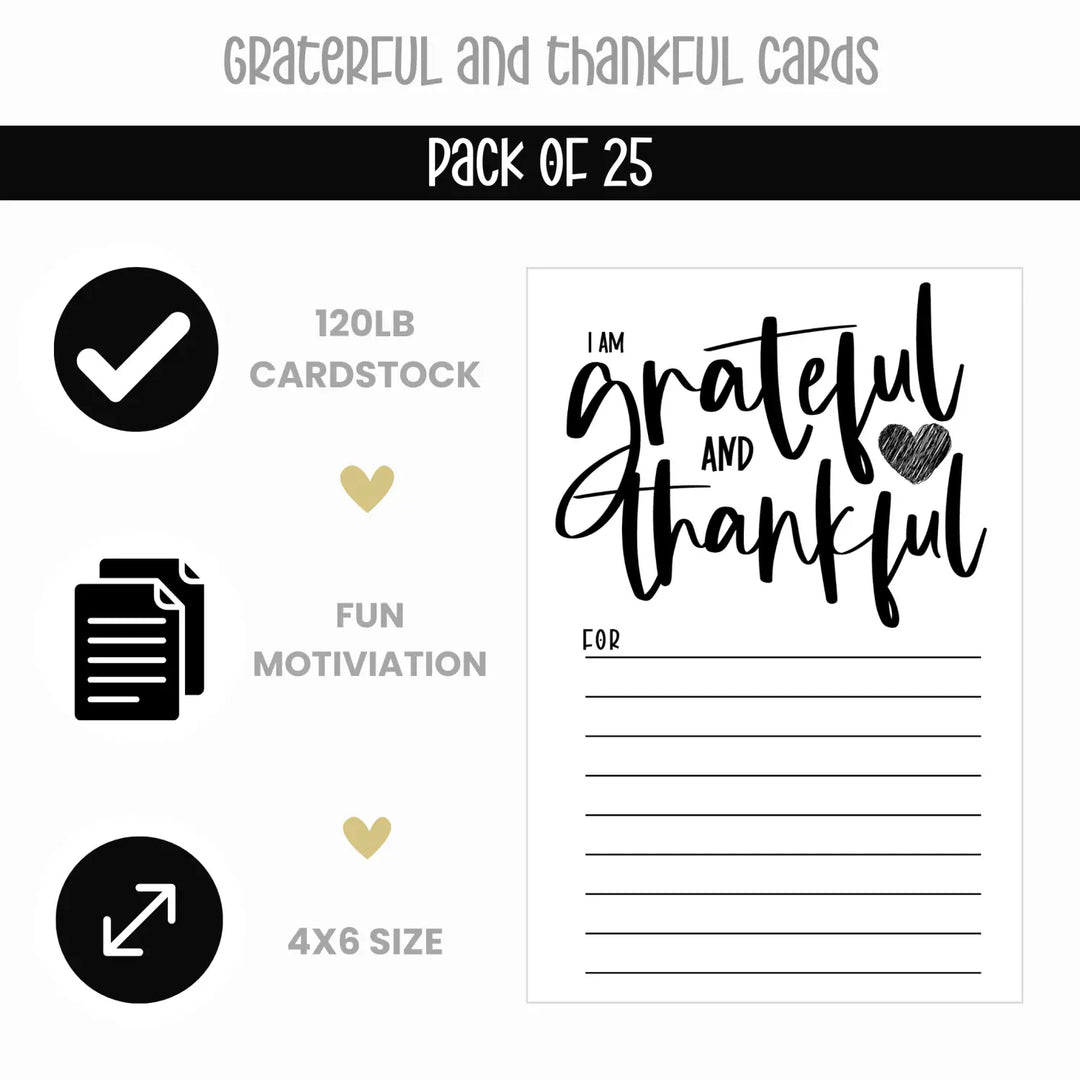 Modern Calligraphy Gratitude Cards Pack - 25 Elegant Black & White 4x6 Thankful Note for Christmas Thanksgiving Daily