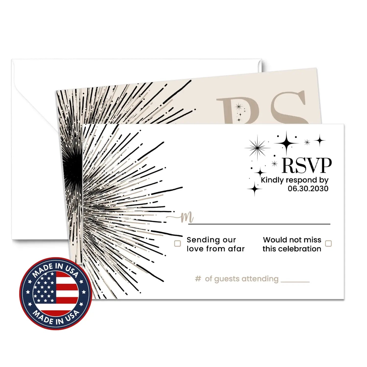 Modern celestial abstract starburst rsvp cards in black taupe and crem – elegant wedding & event response - invitations