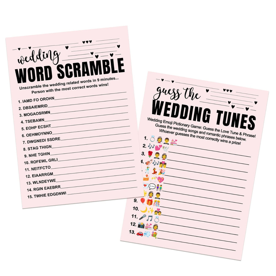 Modern Chic Bridal Shower Game Bundle - 2-in-1 Wedding Word Scramble & Pictogram Song Guessing Fun for Guests - 25 Pack, Black and Pink - Paper Clever Party