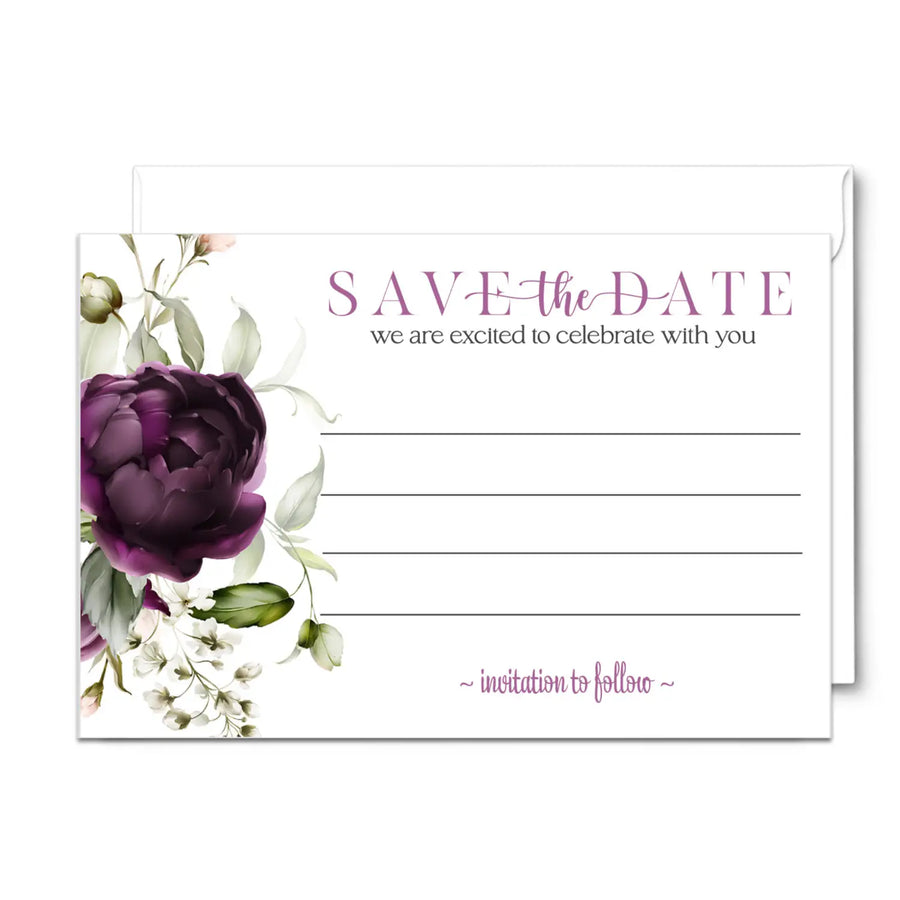 Modern Purple Floral Save the Date Cards (25 Pack) - Sophisticated Invitations with Envelopes - 3.5x5 - Paper Clever Party