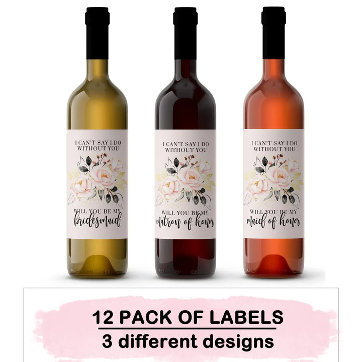 Modern Rose Bridesmaid Proposal Labels - 12 Wine Stickers - Chic Wedding Party Invitations - Paper Clever Party