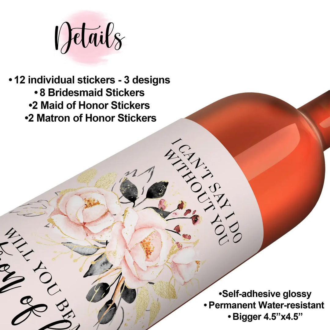 Modern Rose Bridesmaid Proposal Labels - 12 Wine Stickers - Chic Wedding Party Invitations - Paper Clever Party