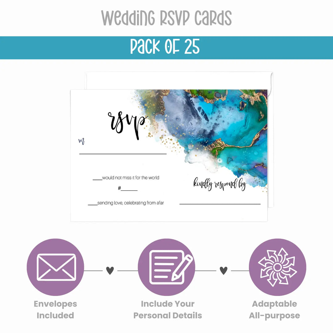 Modern Teal & Purple Watercolor RSVP Cards - Chic Wedding Response Set, 3.5x5, Envelopes Included, 25 Pack - Paper Clever Party